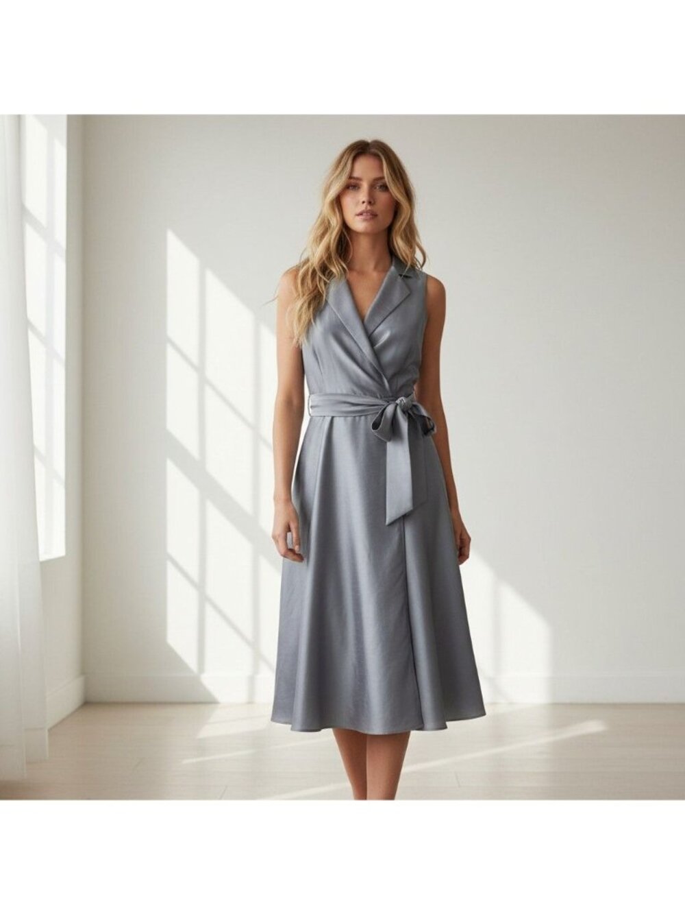 Jones Wear Silver Satin Sleeveless Wrap Dress With Belt Size 12